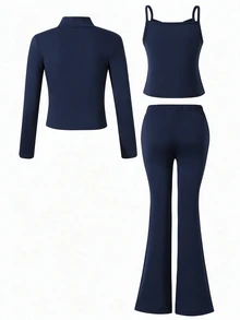 SHEIN 女童海軍藍3件套：立領夾克 + 吊帶背心 + 喇叭褲，完整日常穿搭。修身不緊繃，溫柔優雅。適合學校、運動和與朋友聚會，輕鬆穿出甜辣女孩風 - 藏蓝色 - 查看 2