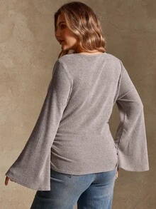 Elegantrix Plus Size Women's Autumn/Winter Cowl Neck Flared Sleeve Cinched Waist Ruched Floral Chiffon Ribbed Knit Fabric French Casual Top Fall - Apricot - View 2