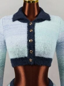 Mistrie Collared Striped Fuzzy Knit 2 Pieces Outfit, Long Sleeve Button Front Crop Cardigan & High Waist Mini Skirt, Colorful Sweet Fall Winter Matching Set - Multicolor - View 7
