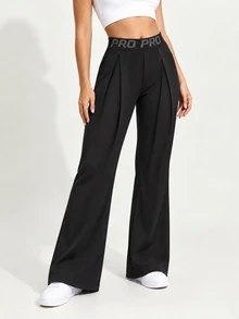Easithlete Easithlete 1pc Wide Leg Pants, Letter Elastic Waistband, Pleated Design, Suitable For Daily, Fitness, Summer - Black - View 5