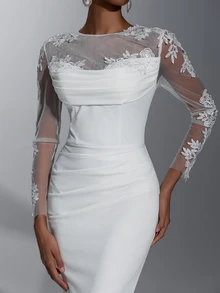 Elitara Elegant Romantic Sheer Long Sleeve 3D Floral Applique Ruched Waist Slimming Floor-Length Mermaid Skirt, Suitable For All Wedding Events, Bridal Wedding Dress - White - View 5