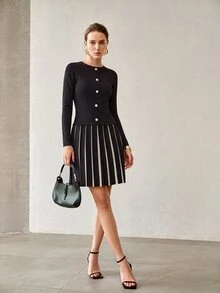 MOTF PREMIUM WOMEN'S ROUND NECK LONG SLEEVE SINGLE-BREASTED KNIT DRESS - Black - View 3