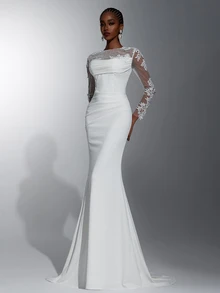 Elitara Elegant Romantic Sheer Long Sleeve 3D Floral Applique Ruched Waist Slimming Floor-Length Mermaid Skirt, Suitable For All Wedding Events, Bridal Wedding Dress - White - View 3