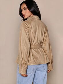 Avenya Minimalist Side-Split Design Lapel Suede Belted Mid-Length Jacket - Khaki - View 2