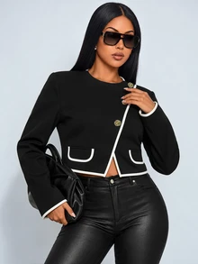 SOLERSUN Women's Contrast Crop Jacket Round Neck Long Sleeve Gold Floral Button Elegant Daily Office - Black - View 1