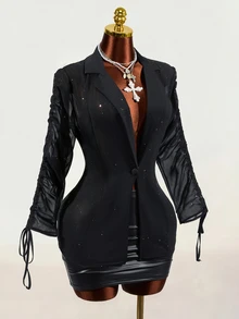 Mistrie Women's Shiny Transparent Black Chiffon Long Sleeve Blazer - Black - View 7