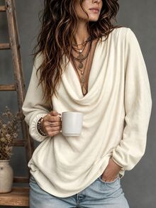 SHEIN Holidaya Women's New Fashion Cowl Neck Design Solid Color Long Sleeve Blouse, Back To School Outfit, Autumn/Winter New - Apricot - View 8