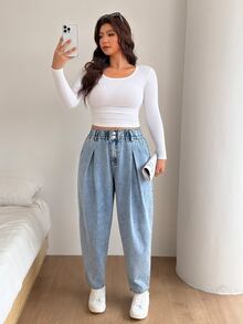 SHEIN CURVE+ Plus Size Women's Carrot Jeans Paper Bag Waist Washed Urban Renaissance Street Style Casual Fashion Creative Personalized Streetwear - Blue - View 3