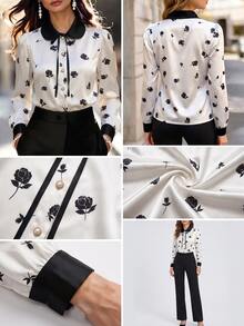 RosyDaze Satin Floral Print Contrast Collar Tie Neck Shirt - Multicolor - View 6