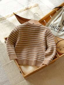 SHEIN Baby Boy Sweater, Turn-Down Collar Long Sleeve Striped Colorblock Knit, Suitable For Spring, Autumn, Winter, Autumn/Winter - Khaki - View 2