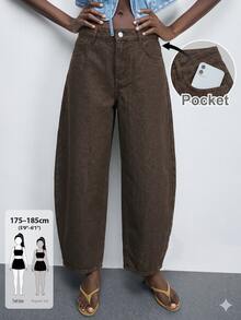 SHEIN Tall Women's Solid Color Pocket Button Loose Casual Denim Jeans - Brown - View 1