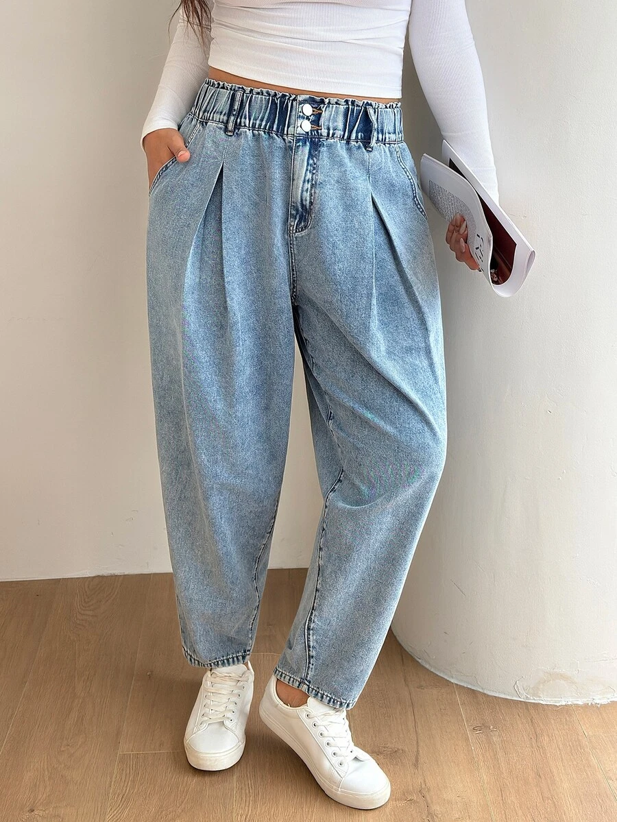 SHEIN CURVE+ Plus Size Women's Carrot Jeans Paper Bag Waist Washed Urban Renaissance Street Style Casual Fashion Creative Personalized Streetwear - Blue - View 1
