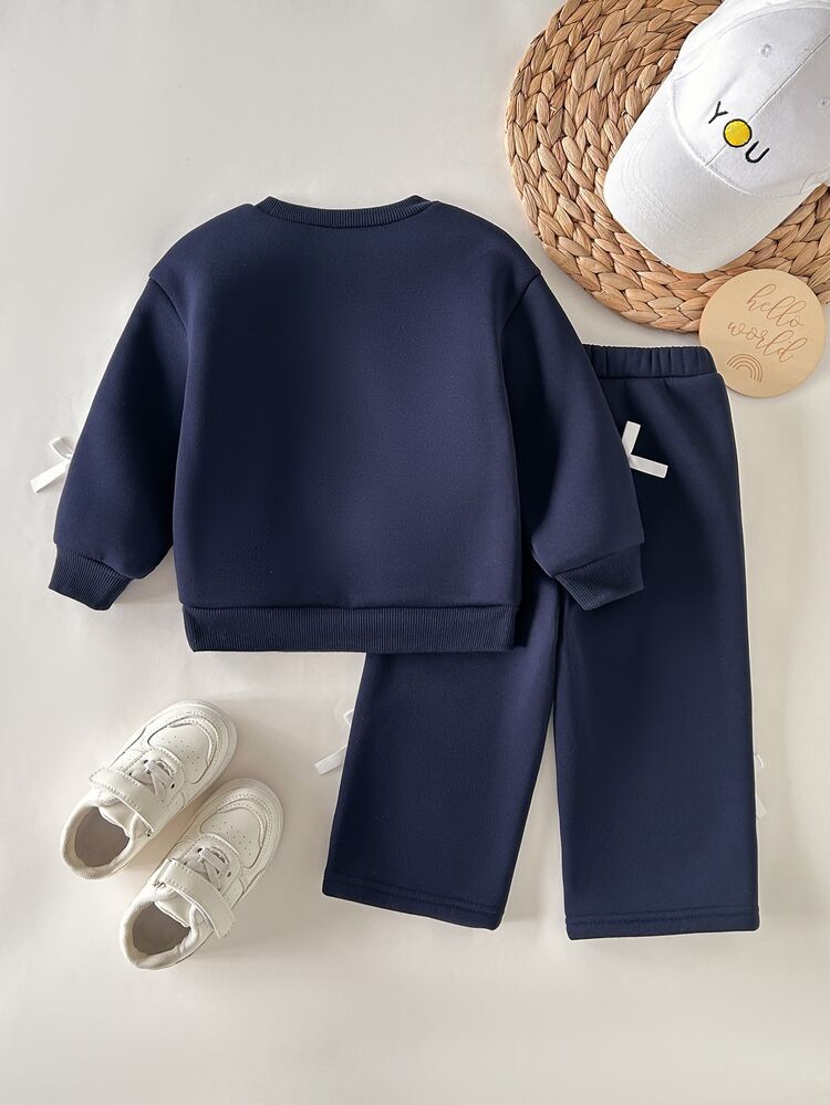 SHEIN Baby Girl Baby Girl Knitted Tape Contrast Color Bow Fleece Sweatshirt & Long Pants 2 Pieces Set, Suitable For Autumn/Winter, Indoor/Outdoor, Cute Casual Versatile - Multicolor - View 3