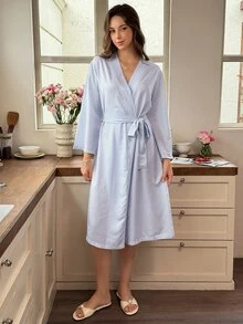 Snug Reverie Classic Blue & White Striped Belted Long Sleeve Robe For Women - Blue - View 5