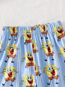 SpongeBob SquarePants | SHEIN 小男孩休閒卡通條紋印花長袖上衣與長褲睡衣套裝 - 彩色 - 查看 6