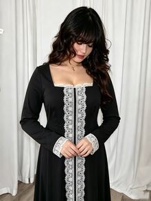 Modelyn Black Knitted Dress With Lace Trim, Elegant Fashionable Celebrity Style, Slim Fit Long Sleeve Dress, Plus Size - Black - View 4