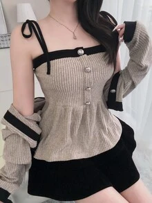 FRIFUL Women's Contrast Trim 3D Button Decor Camisole Top And Casual Loose Cardigan 2 Pieces Set - Apricot - View 3