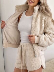 Easowa Zipper Front Plush Jacket Casual Relaxed Elegant Commute Old Money Style Autumn/Winter Women's Jacket - Khaki - View 7
