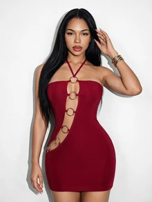 BamGleam Women's Solid Color Ring-Connected Hollow Design Sexy Halter Neck Dress - Burgundy - View 5