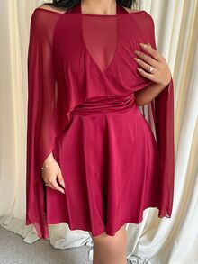 GalTyme Plus Size Women Solid Color Asymmetrical Shoulder Top And Halter Neck Dress Elegant 2 Pieces Set - Burgundy - View 1