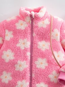 SHEIN 女童活力度假風粉色花卉圖案立領長毛絨拉鍊開襟外套，適合冬季外出 - 粉色 - 查看 4