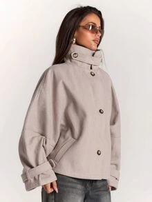 SHEIN BAE Women's Elegant High Neck Button Long Sleeve Overcoat - Brown - View 5