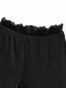 SHEIN 女童時尚蕾絲拼接極簡端莊黑色修身喇叭褲，休閒校園戶外春夏季秋季體操運動穿搭 - 黑色 - 查看 4