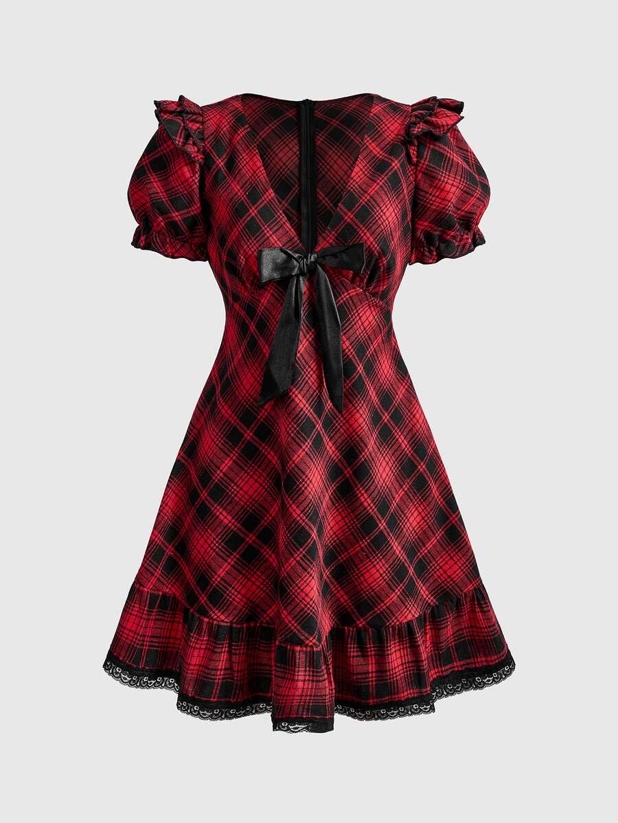 Sweetness Women's Autumn/Winter Christmas Red Plaid A-Line Mini Dress - Multicolor - View 1