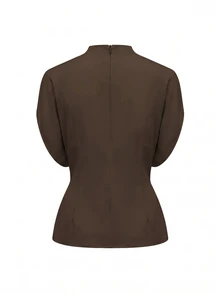 SHEIN Clasi Women's Solid Color Stand Collar Batwing Short Sleeve Blouse And Mermaid Skirt Elegant 2 Pieces Set - Coffee Brown - View 6