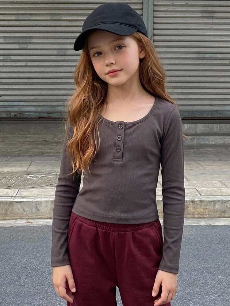 DAZY Tween Girl) Purple Fitted Long Sleeve Half-Button Front Inner Layer Crew Neck T-Shirt, Autumn - Dusty Purple - View 4
