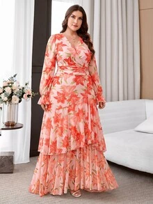 Reflora Plus Size Women's Floral Print V-Neck Ruffle Hem Elegant Dress - Red - View 8