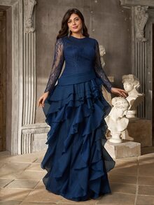 Aureia Plus Size Women's Long Sleeve Round Neck Elegant Romantic Navy Blue Lace Patchwork Organza Ruffle Hem Dress - Navy Blue - View 3