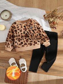 SHEIN Playful Pals 2件組女嬰套頭上衣與內搭褲套裝，可愛棕紋毛絨長袖圓領加厚款，適合假日派對、秋冬活動穿著 - 黑色 - 查看 4