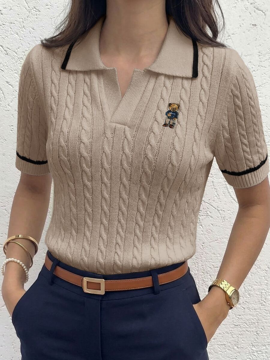 Briarwyn Women's Cartoon Bear Pattern Collared Short Sleeve Knit Top - Apricot - View 1