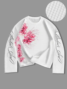 ROMWE MEN Street Life Textured Waffle Fabric Floral Print Loose Long Sleeve T-Shirt - Black - View 7