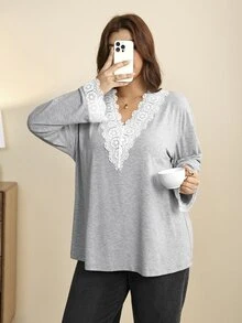 Edennvi Plus Size V-Neck, Lace Trim Collar And Cuffs, Fitted Loose Blouse - Grey - View 5