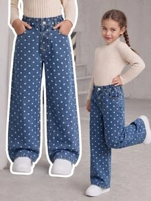 SHEIN Genkimix Kids 女童復古藍白波點高腰寬腿牛仔褲，甜美可愛韓風直筒寬腿褲，假期旅行校園出遊必備 - 中等水洗藍 - 查看 3