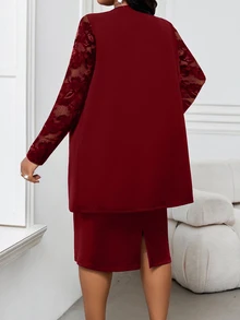 SHEIN Lady 春夏休閒優雅波西米亞風 V 領黑白長版印花襯衫大尺碼直筒寬腿褲兩件套秋季 - 酒紅色 - 查看 2