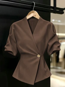 GlowEve Spring/Summer Women's New V-Neck Cross Metal Buckle Cinched Waist Asymmetrical Hem Design Niche Elegant Commuter French Style Blouse - Coffee Brown - View 4