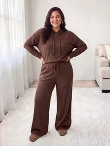 Shapeblank Women's Plus-Size Brown Two Pieces Set: Stylish, Casual Lounge Baggy, Loose-Fit, Stretchy, Warm, Comfortable Hoodie Pants Summer Thanksgiving Formal - Brown - View 7