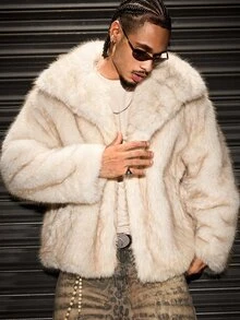 ROMWE MEN Apricot Color Oversized Lapel Long Fur Coat - Apricot - View 1