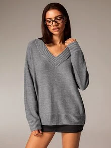 Athîral Women's Solid Color V-Neck Long Sleeve Loose Fit Fashion Versatile Sweater - Grey - View 5