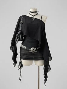 Sunspun Plus Size Spring/Summer Sheer Top & Fitted Drawstring Camisole Dress 2 Pieces Set - Black - View 7