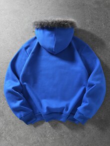 ROMWE MEN Men's Dark Rhinestone Gothic Letter Wing Print Loose Sweatshirt Fleece Hooded Sweatshirt - Blue - View 3