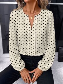 SHEIN LUNE Simple Solid Color V-Neck Lantern Sleeve Casual Blouse For Women, Suitable For Spring & Fall - Multicolor - View 6