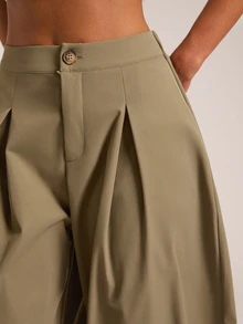SHEIN BAE Women's Solid Color Versatile Casual Elastic Waist Curved Leg Tapered Long Pants - Army Green - View 5
