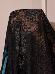 Slumberist Split Hem Lace Trim Faux Silk Cami Sexy Nightgown And Lace Mesh Robe Sleepwear Set - Dark Green - View 8
