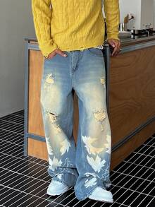 STEELVANCE European And American Unisex Printed Maple Leaf Patchwork Denim Jeans - Blue - View 3