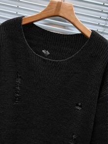 Manfinity CasualKnits 男士純色圓領落肩長袖做舊休閒毛衣，男孩秋冬日常新款 - 黑色 - 查看 7