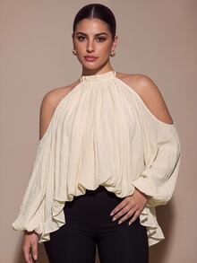 SHEIN BAE CURVE Plus Size Women's Solid Color Cold Shoulder Lantern Sleeve Fashion Blouse - Apricot - View 2